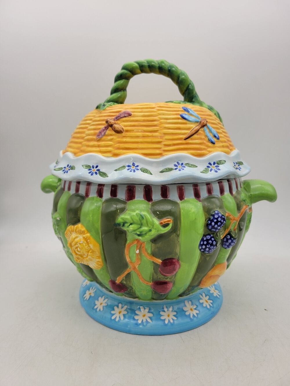 Hand Painted Cookie Jar 12in Glazed Dragonfly Pottery Tracy Porter Zrike *READ*